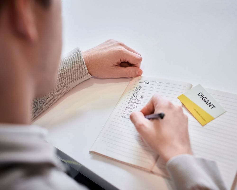 Person skriver i notesbog fra Digant omkring online markedsføring